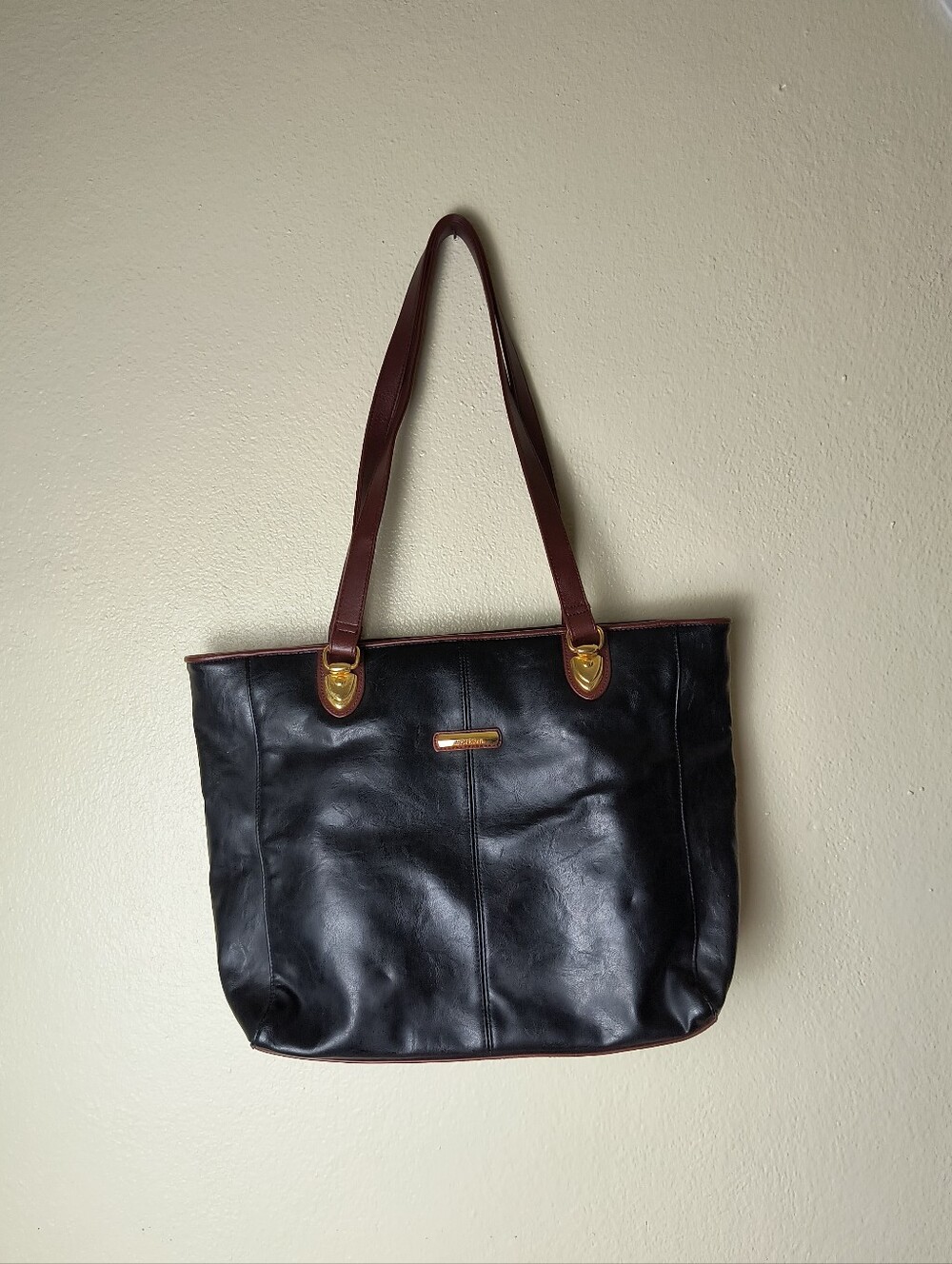 Mondani Black Leather Tote with Brown Straps and Gold Hardware